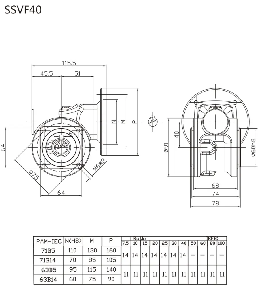 EP-SSVF40 VF stainless steel worm reducer dimension drawing flange dimensions
