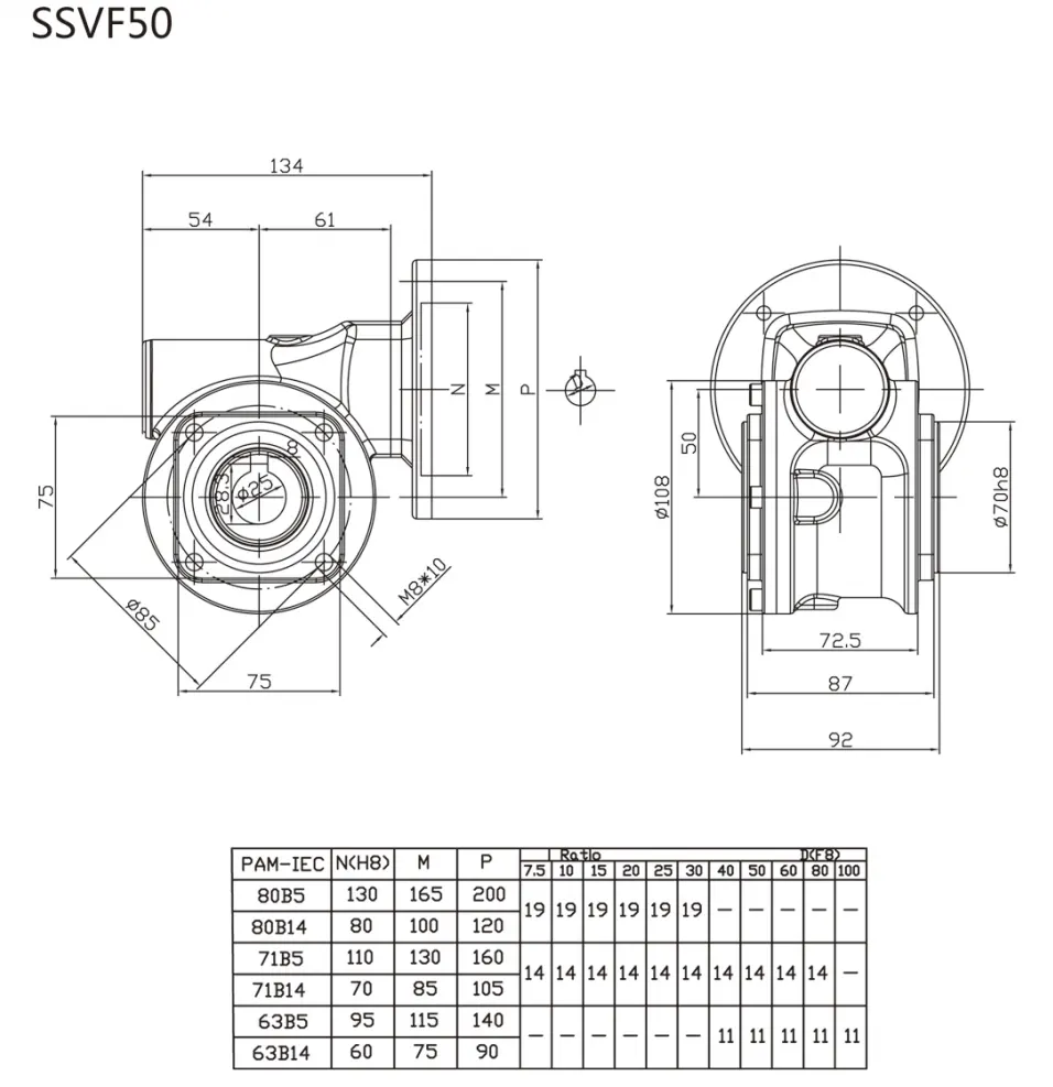 EP-SSVF50 VF stainless steel worm reducer dimension drawing flange dimensions