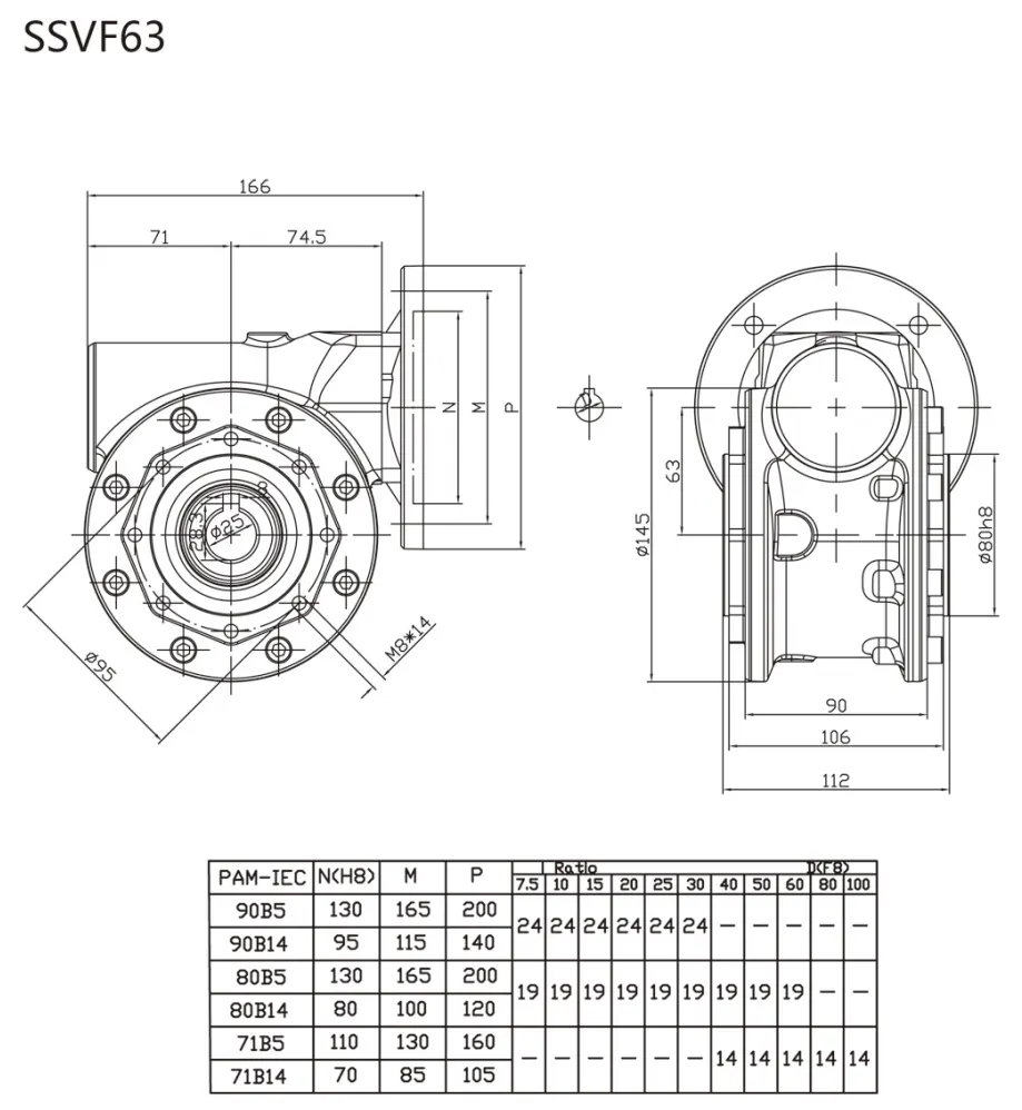 EP-SSVF63 VF stainless steel worm reducer dimension drawing flange dimensions