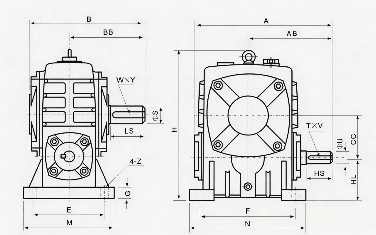 WPA worm reducer dimension drawing A AB B BB measurements