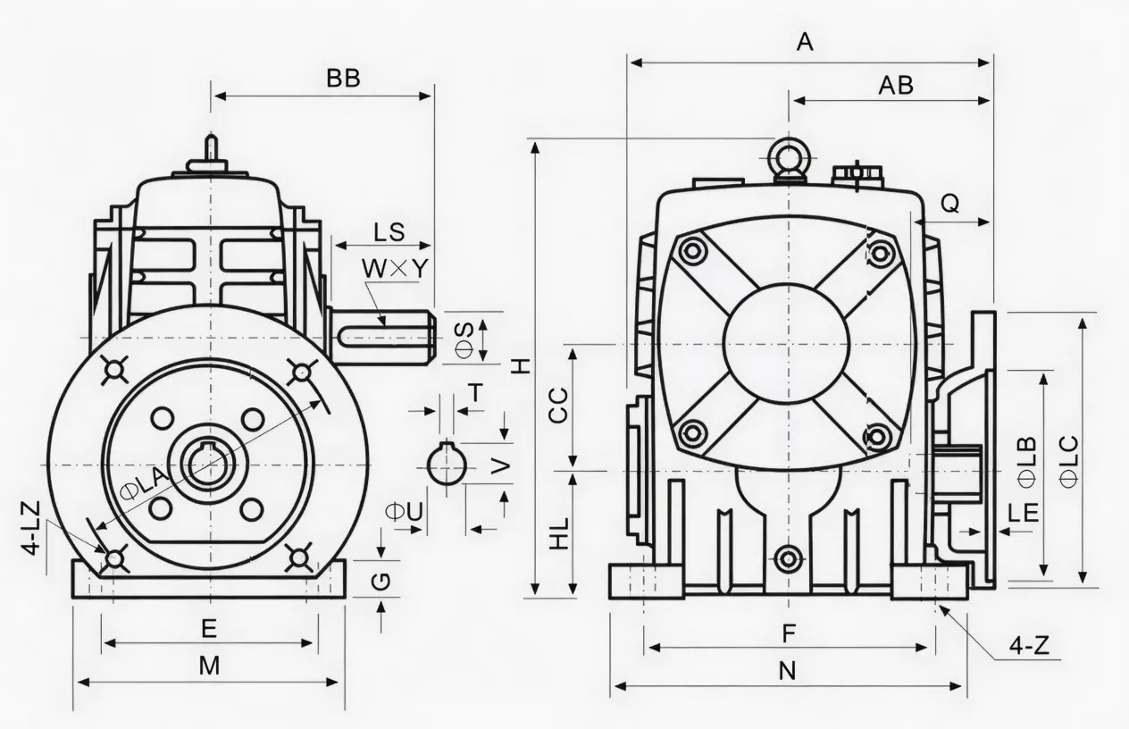 WPDA worm reducer dimension drawing IEC flange dimensions