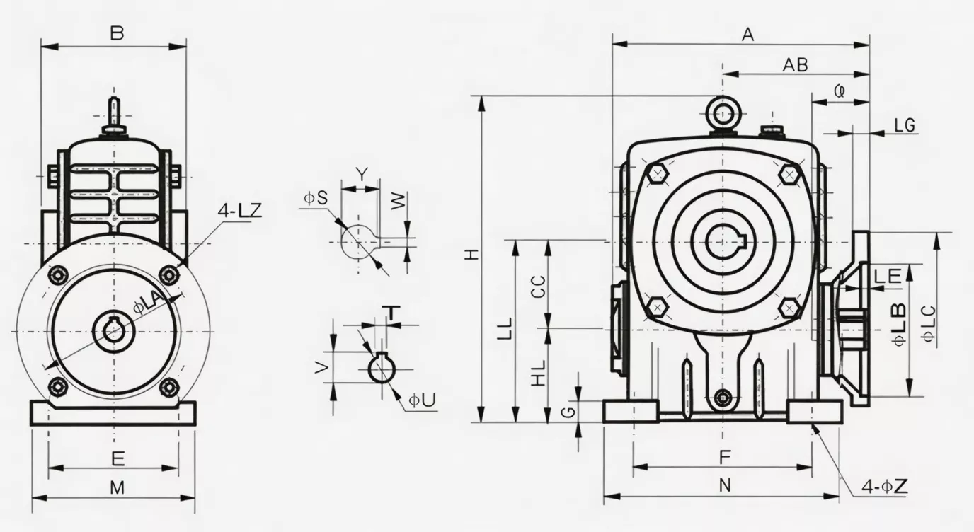 WPDKA worm reducer dimension drawing IEC flange and hollow bore measurements
