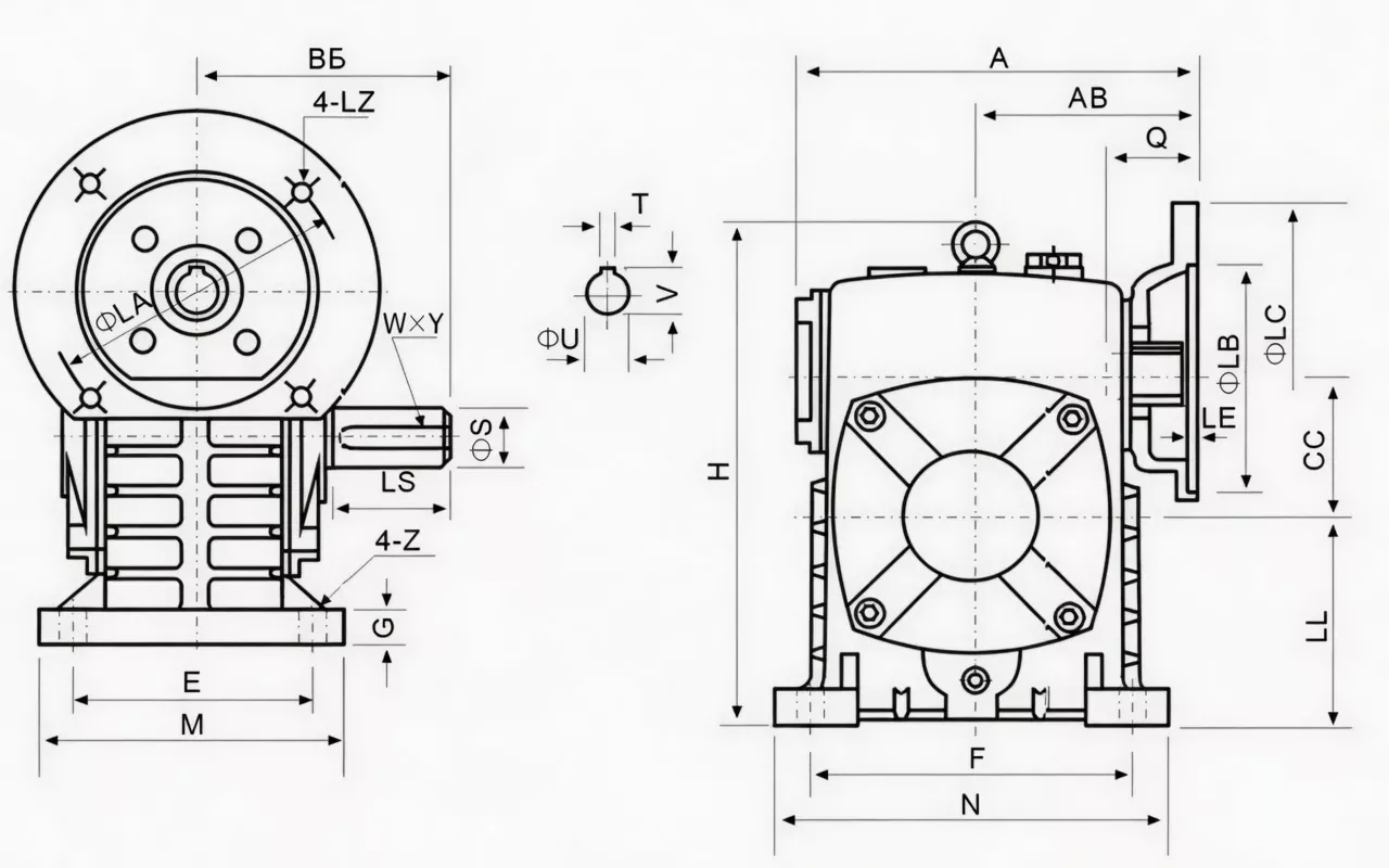 WPDS worm reducer dimension drawing top-entry IEC flange and split housing