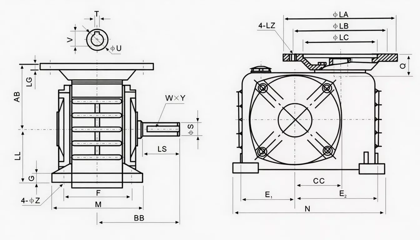 WPDZ worm reducer dimension drawing Z-flange D-split IEC dimensions
