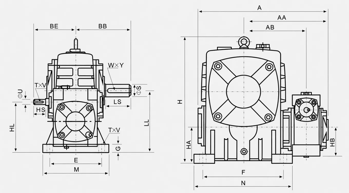 WPEA double speed worm reducer dimension drawing two-stage size combination