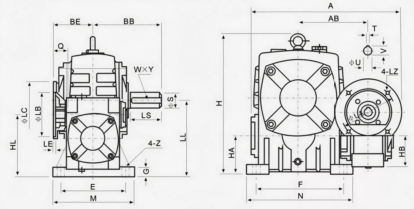 WPEDA double speed worm reducer dimension drawing two-stage size combination
