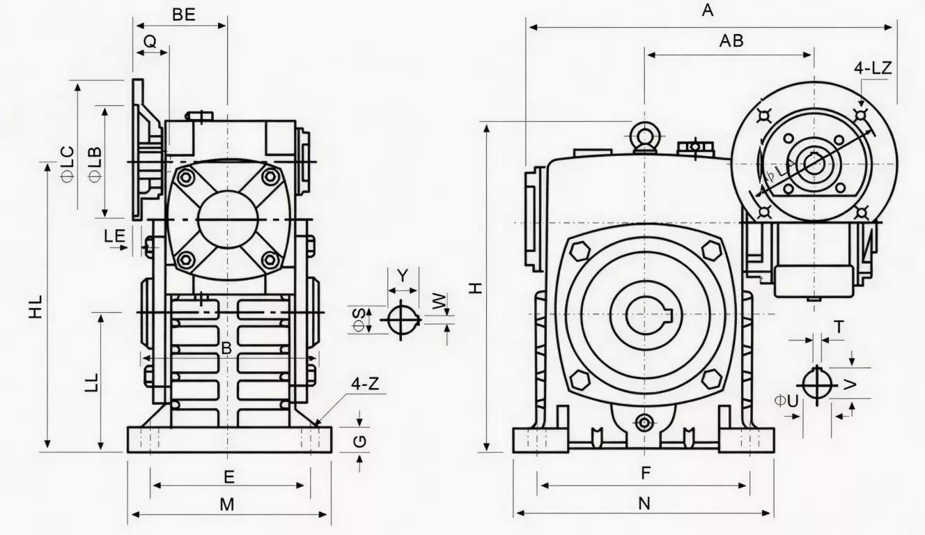 WPEDKS double speed worm reducer dimension drawing two-stage size combination