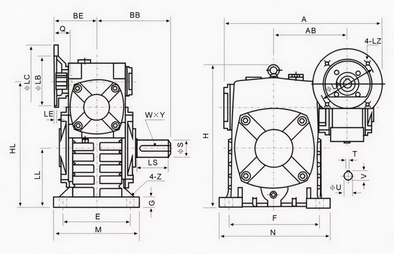 WPEDS double speed worm reducer dimension drawing two-stage size combination