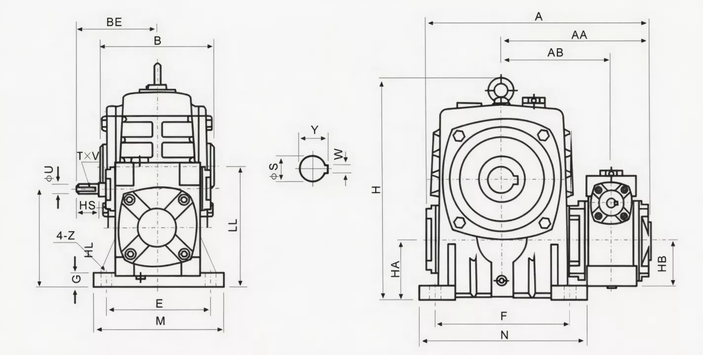WPEKA double speed worm reducer dimension drawing two-stage size combination
