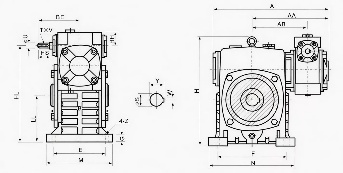 WPEKS double speed worm reducer dimension drawing two-stage size combination