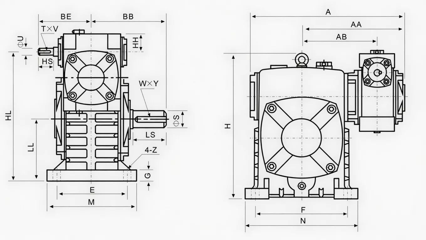WPES double speed worm reducer dimension drawing two-stage size combination