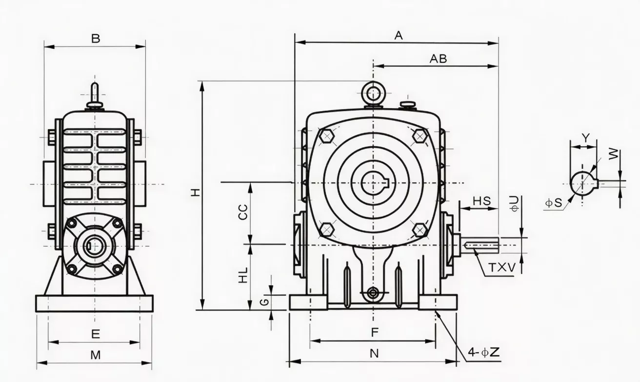 WPKA hollow shaft worm reducer dimension drawing with bore and torque arm dimensions