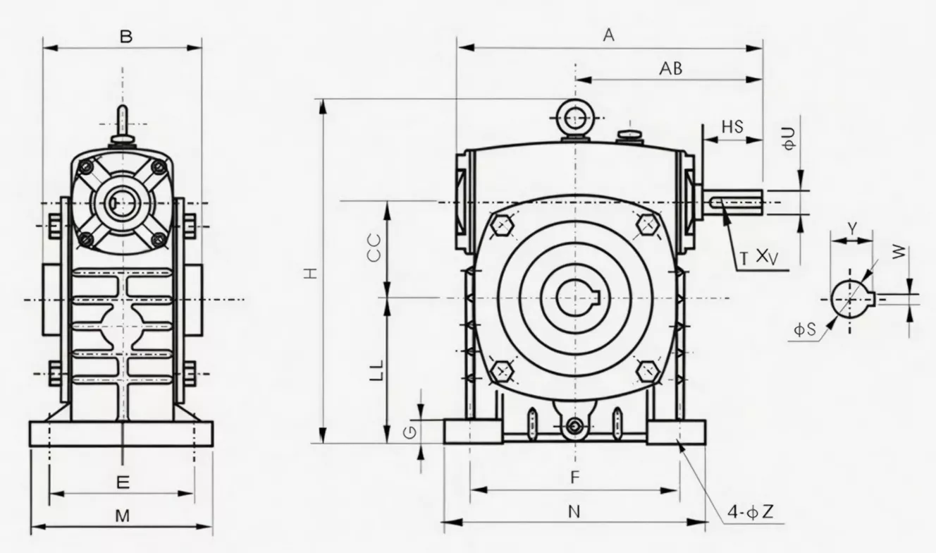 WPKS worm reducer dimension drawing S-type input K-type bore dimensions