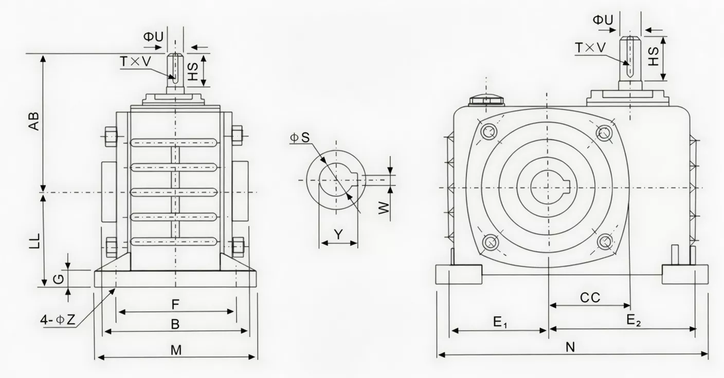 WPKZ Z-flange hollow bore worm reducer dimension drawing