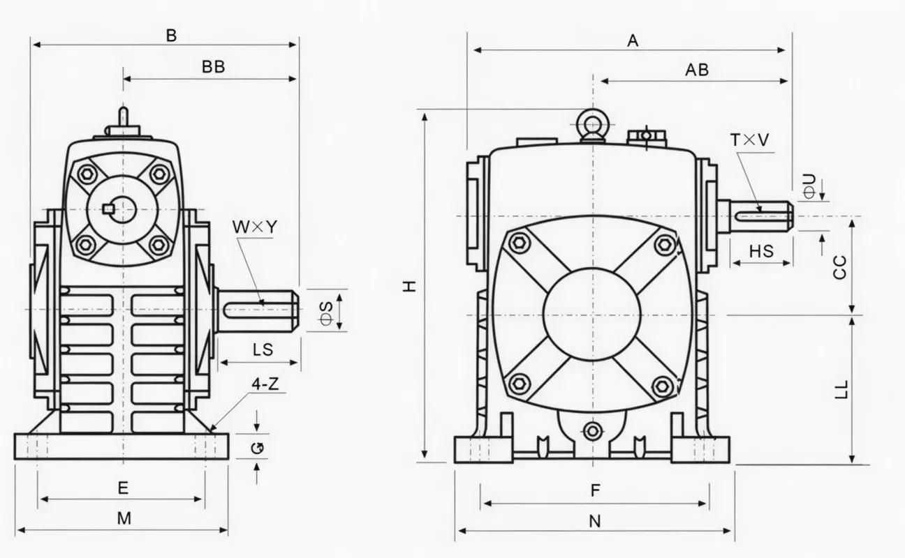 WPS worm reducer dimension drawing S-type top-entry input