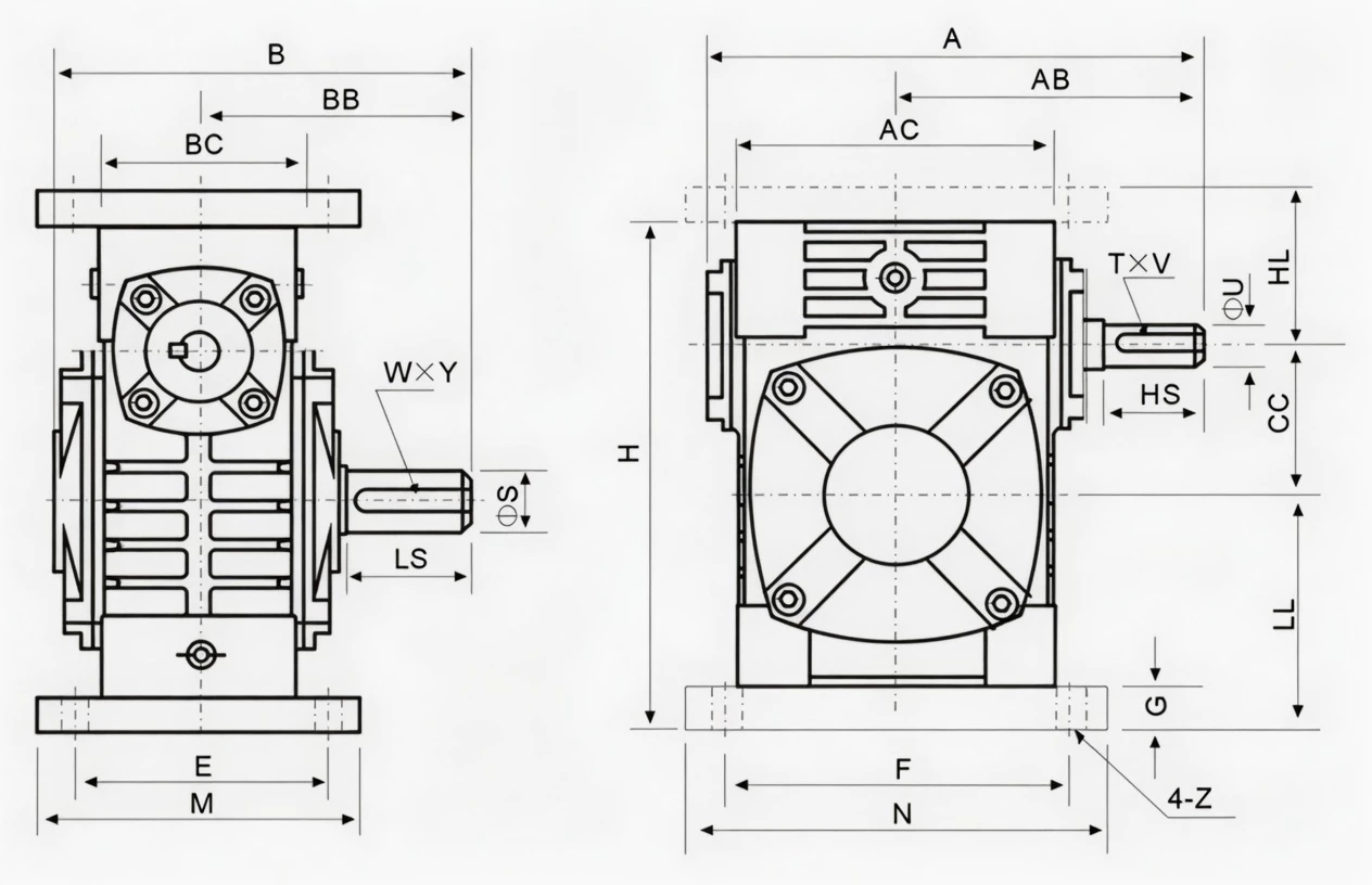 WPWA WPW universal worm reducer dimension drawing