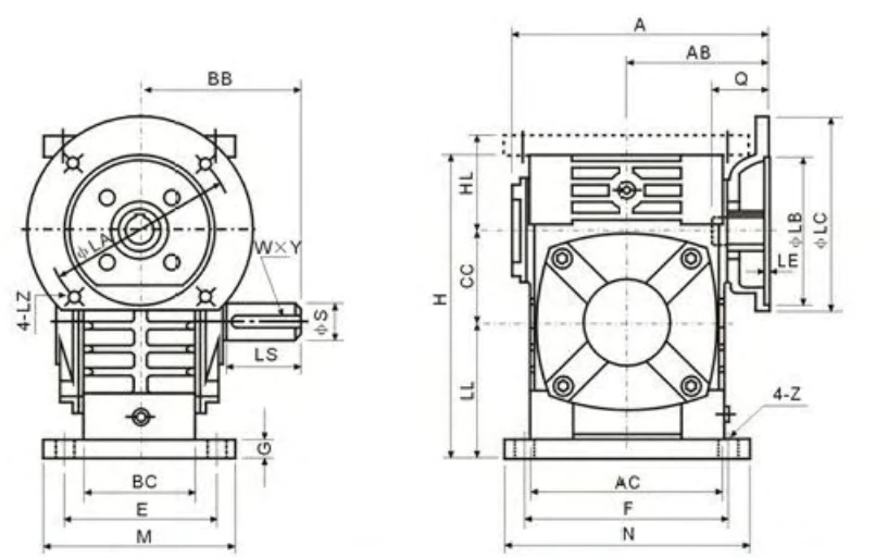WPWDA WPW universal worm reducer dimension drawing