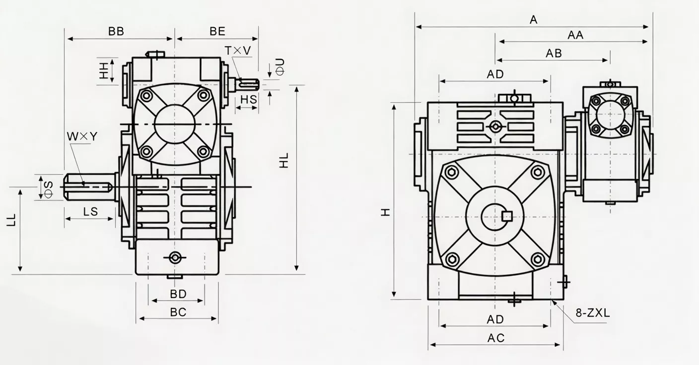 WPWE double speed worm reducer dimension drawing