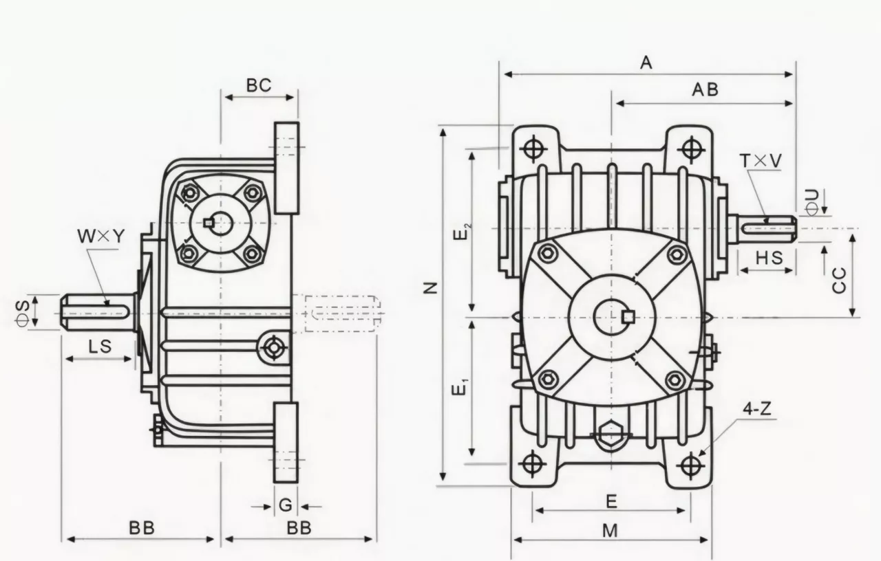 WPX worm reducer dimension drawing vertical downward output