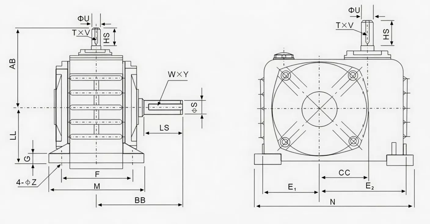 WPZ Z-type flange mount worm reducer dimension drawing AB LL B BB measurements