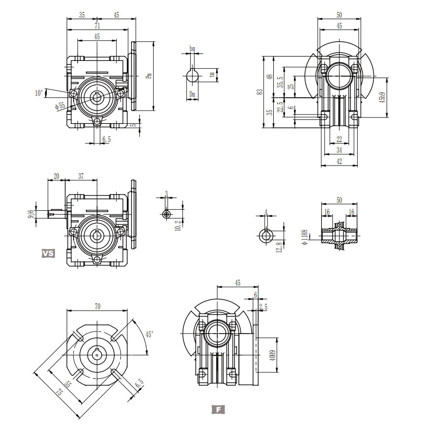 EP-NMRV025 aluminium worm reducer dimension drawing 25mm centre distance specification