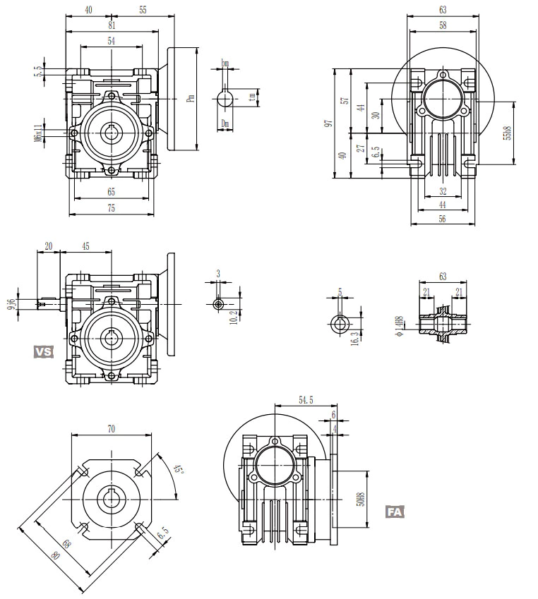 EP-NMRV030 aluminium worm reducer dimension drawing 30mm centre distance IEC flange specifications