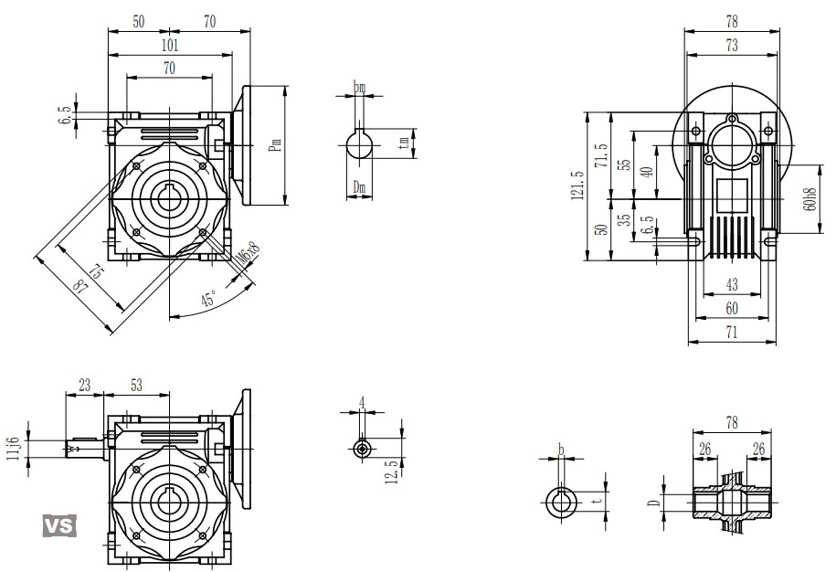EP-NMRV040 aluminium worm reducer dimension drawing 40mm centre distance specification