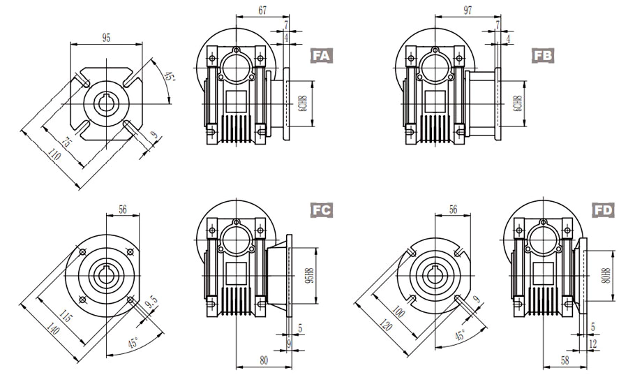 EP-NMRV040 FA FB FC FD output flange detail dimension drawings