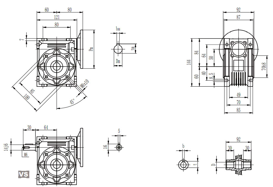 EP-NMRV050 aluminium worm reducer dimension drawing 50mm centre distance output flanges