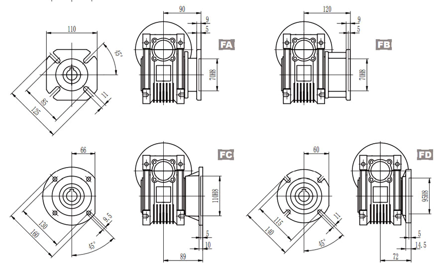 EP-NMRV050 FA FB FC FD output flange detail dimension drawing
