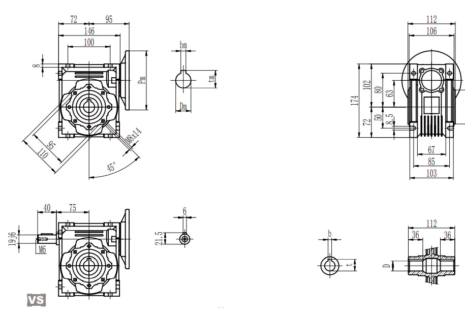 EP-NMRV063 aluminium worm reducer dimension drawing 63mm five output flanges FA FB FC FD FE