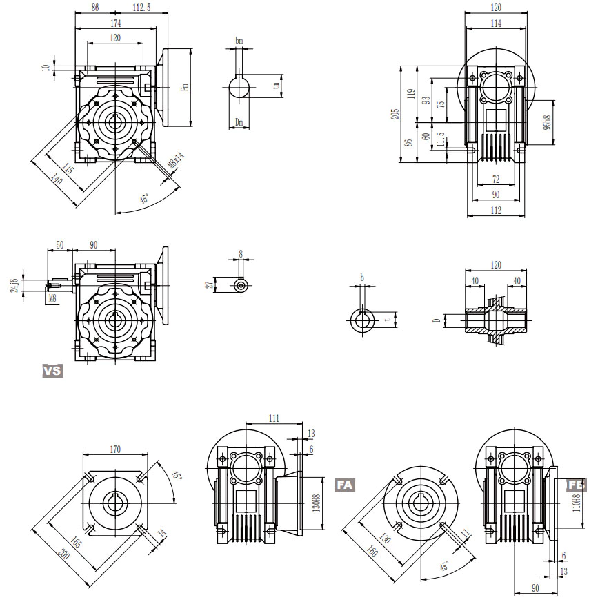 EP-NMRV075 aluminium worm reducer dimension drawing 75mm centre distance 28mm 35mm output shaft