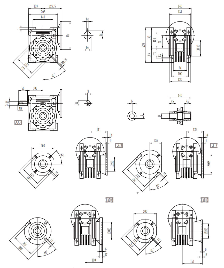 EP-NMRV090 aluminium worm reducer dimension drawing 90mm centre distance FA FB FC FD flanges
