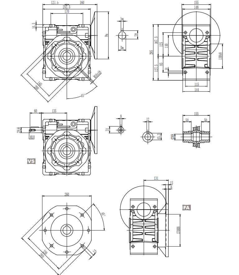 EP-NMRV110 aluminium worm reducer dimension drawing 110mm centre distance 42mm output shaft
