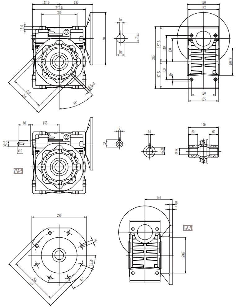 EP-NMRV130 aluminium worm reducer dimension drawing 130mm centre distance 45mm output shaft specifications