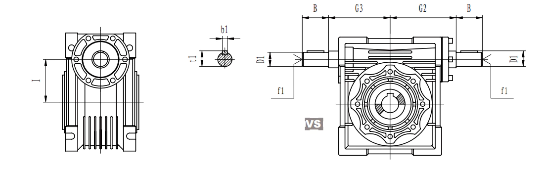 NRV series aluminium worm gearbox dimension drawing showing all frame sizes and shaft configurations
