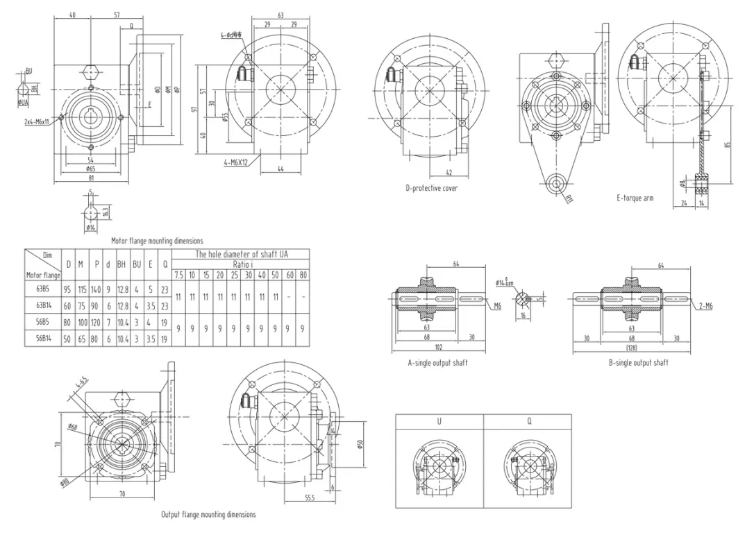 EP-GMSS30 stainless steel worm reducer dimension drawing all faces machined