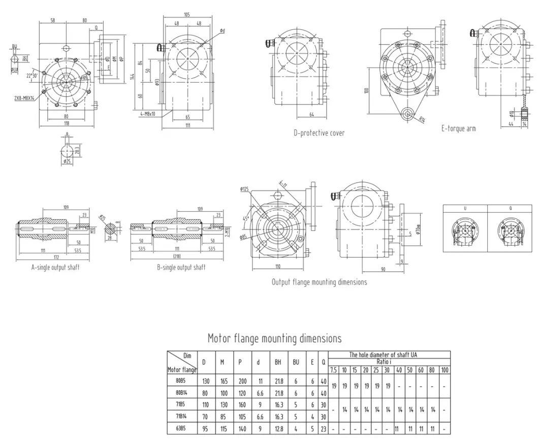 EP-GMSS50 stainless steel worm reducer dimension drawing all faces machined
