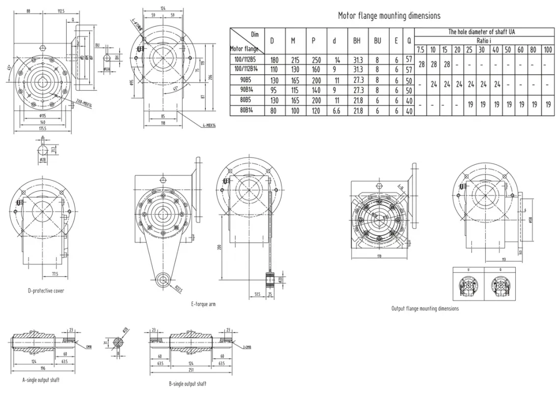 EP-GMSS75 stainless steel worm reducer dimension drawing all faces machined
